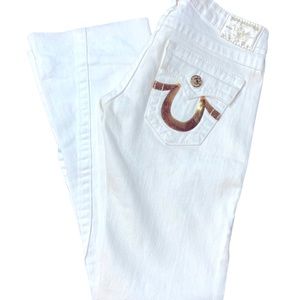 NEW True Religion White w/Gold Sequins Boot Cut Jeans Size 29 Stunning! (Owner)